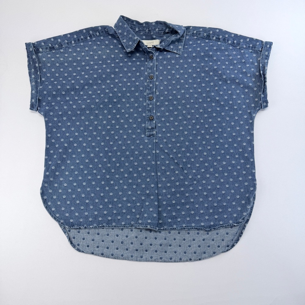 LOFT Womens Blue Polka Dot Denim Chambray Short Sleeve Button Top Size M